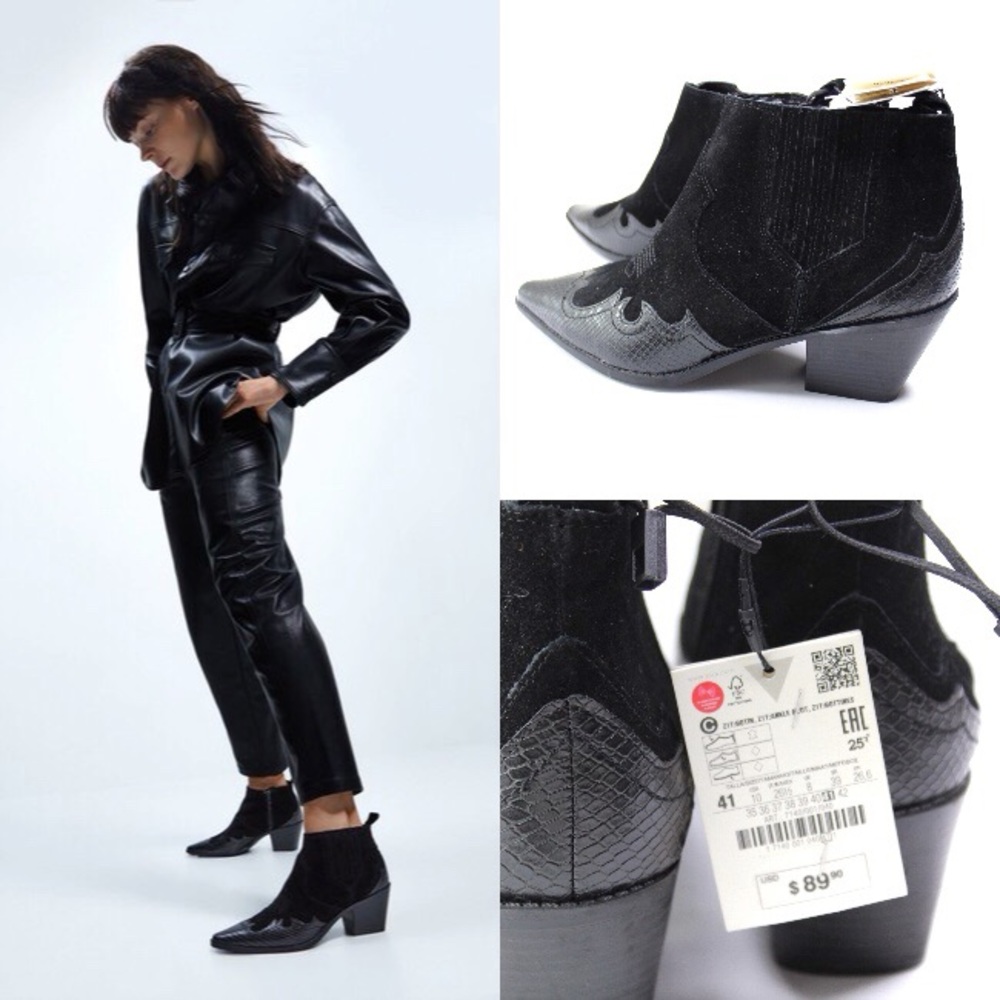 Zara NWT Split Suede Embroidered  Cowboy Ankle Booties in size 10/ EURO 41.